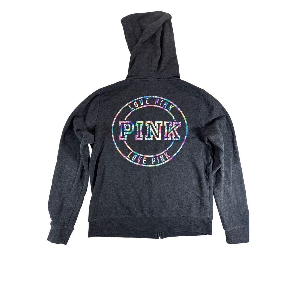 Victoria's Secret PINK Full Zip Hoodie Charcoal Grey Rainbow Logo Women Medium